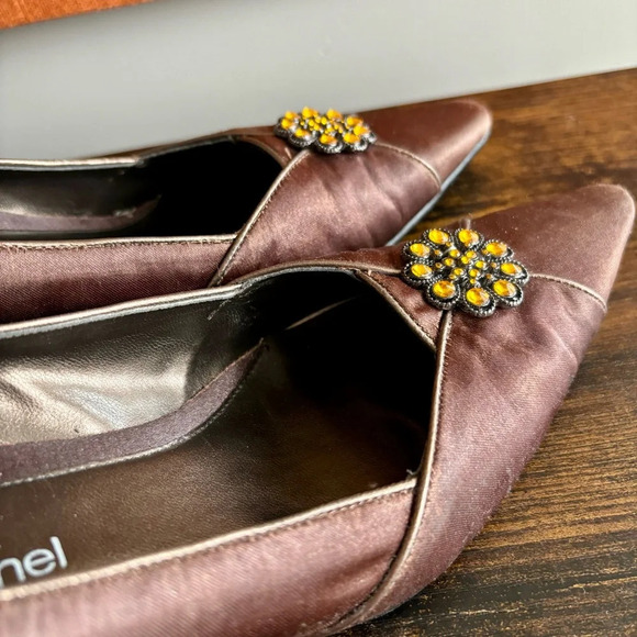Pierre Michel| Brown Satin  Kitten Heel Topaz Jewelled Party Heel Size 7 - Picture 2 of 8